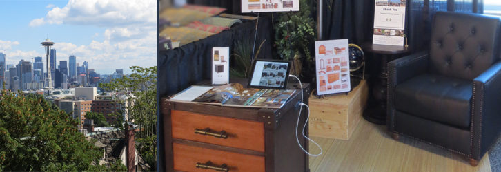 Shot of Seattle skyline and furniture in the JR booth.